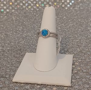 Marbled Blue Gemstone w/ Silver Band and CZ Surrounding Stones - NWT sz 7